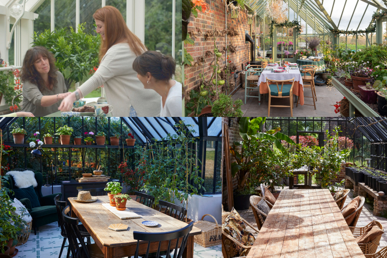 Friends sharing a meal at a farmhouse table inside a glass greenhouse filled with plants