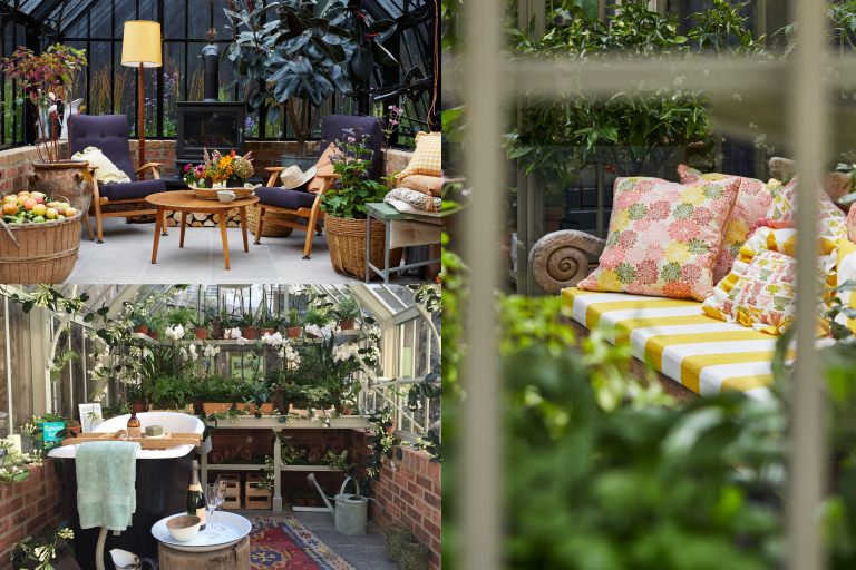Lounge chairs, a soaking tub, and a cushioned bench inside greenhouses full of plants